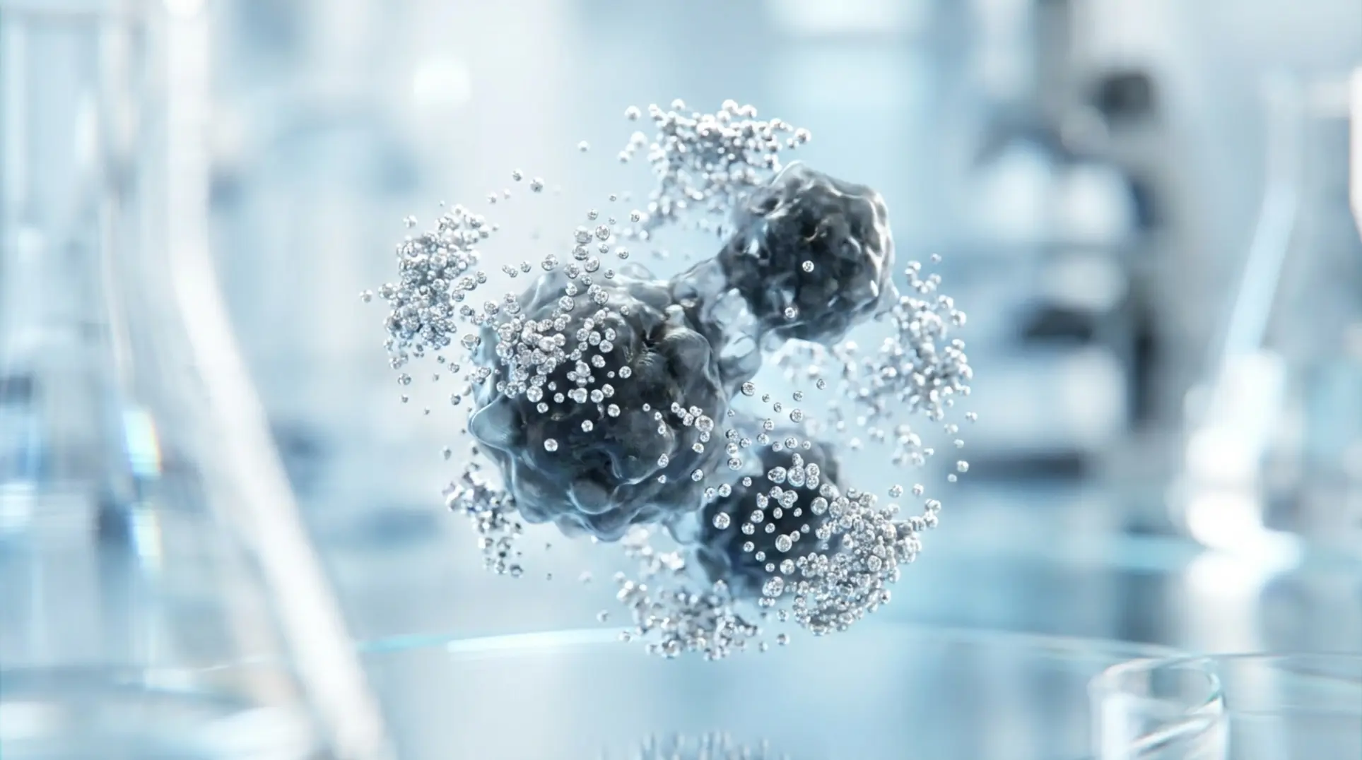 A microscopic view of pure silver nanoparticles neutralizing parasitic cells for a parasite cleanse.