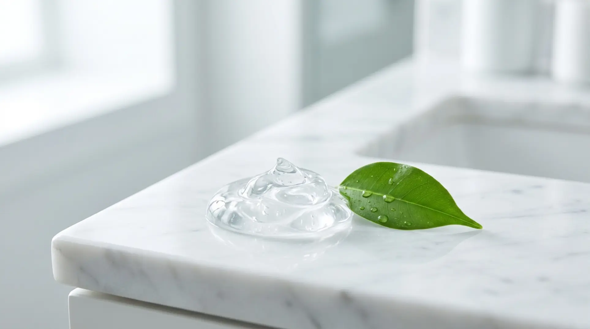 A clear, pure skincare gel for a holistic acne treatment on a clean marble countertop.