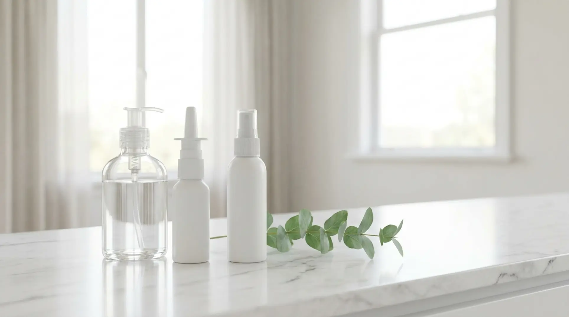 A modern, sunlit bathroom counter with three hygiene products for a daily immune routine.